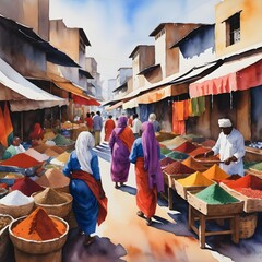 Watercolor Painting: A Vibrant Market Scene with Vendors Selling Exotic Spices and Textiles