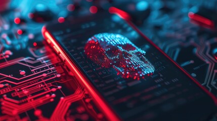 Phishing, cyber security, online information breach or identity theft crime concept. Hacked phone. Hacker and cellphone with hologram data. Mobile scam, fraud or crime.