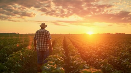 Fototapeta premium Farmer in the field at sunset