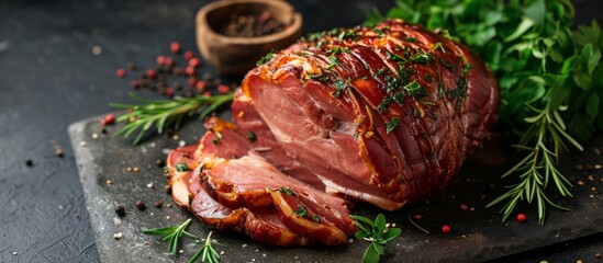 Organic farm's natural smoked ham with herbs and spices, placed on a concrete table. - obrazy, fototapety, plakaty