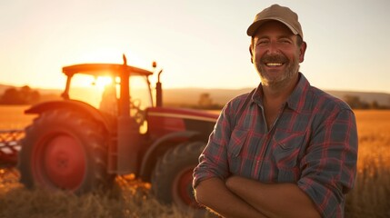 Smiling farmer standing next to tractor at sunset