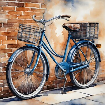 Watercolor Painting: Vintage Bicycle Leaning against a Weathered Brick Wall