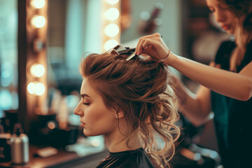 Fototapeta premium Young woman getting hair dyed by hairdresser at beauty salon
