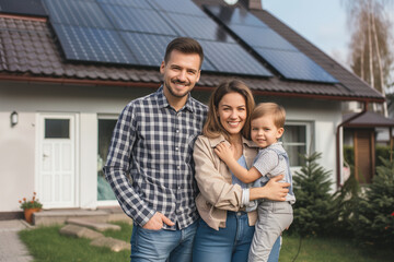 Happy family standing in front of a house with solar panels on roof. Green, renewable and clean energy