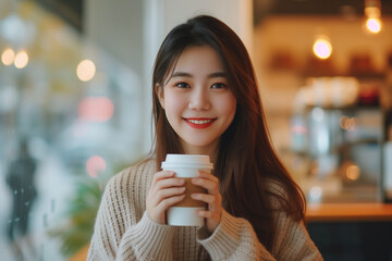 Portrait of beautiful young woman drinking coffee in cafe on weekend. Relaxation, lifestyle concept