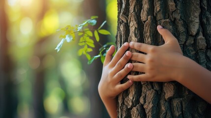 Tree hugging. Close-up of hands hugging tree