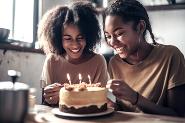 Smiling black mother and daughter blowing candles on cake - obrazy, fototapety, plakaty