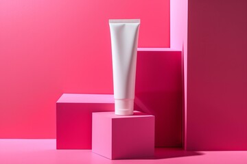 blank white tube of cream standing on a bold pink cube