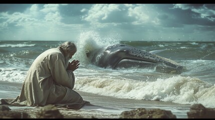 The Old Testament prophet Jonah was praying on the beach with whales visible in the ocean behind him.