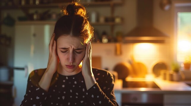 Woman with a headache in the kitchen