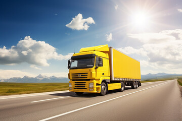 Fototapeta na wymiar yellow truck running on the road
