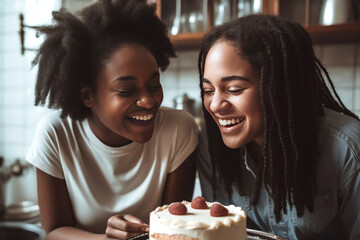 Smiling black woman decorating cake