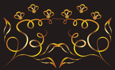 Fantasy ornament with flowers and leaves. Ornament, applique, background. Gold gradient on a black background for printing on fabric, applique and cards.