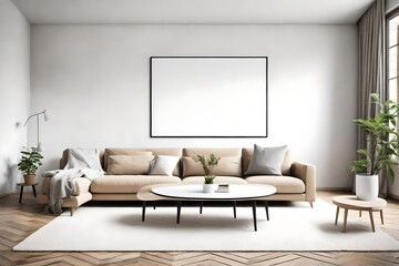 Revel in the charm of this minimalist living room, where a sofa, an empty wall mockup, and a white blank frame create a perfect canvas for your imagination.