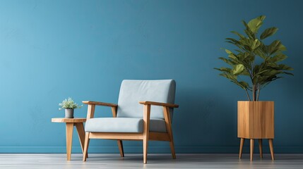living room with blue wall, plant, armchair, and wooden table.