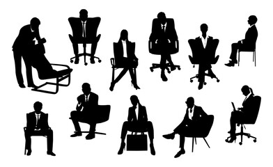 Silhouettes of business people sitting, men and women sit on armchair, office chair with laptop, tablet, front, side view. Vector illustration isolated black on white background. Icons set, bundle. - obrazy, fototapety, plakaty