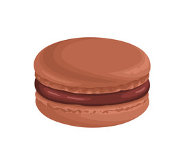 Chocolate macaroon cookies isolated on white. Vector cartoon illustration of French dessert. Sweet food icon.