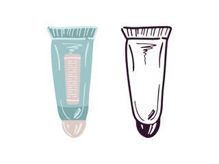 Hand-drawn tube of cream, beauty cosmetic element, self care. Illustration for beauty salon, cosmetic store. Colored flat style and black doodle style.