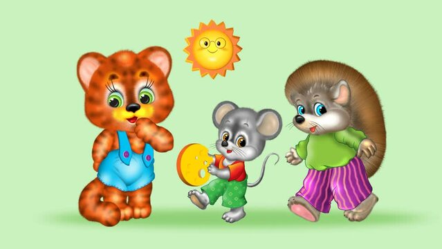 A small, cute tiger cub, a mouse and a hedgehog. Funny animals, animation.