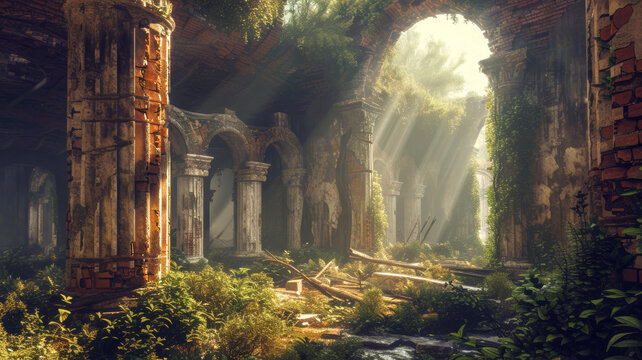Background of an old and abandoned temple in the middle of a wild forest Generative AI Illustration