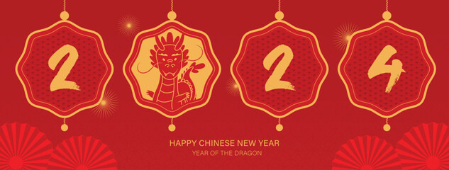 Red Chinese new year banner background for 2024 year of dragon, vector design, with oriental element decoration