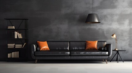 Empty room with modern black couch in the interior design.