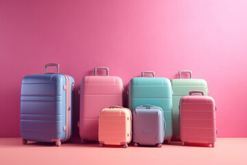 Luggage and suitcase on pink background