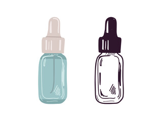 Hand-drawn serum bottle with pipette, beauty cosmetic element, self care. Illustration for beauty salon, cosmetic store. Colored flat style and black doodle style.