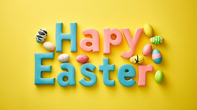 a photo text of word " Happy Easter " on solid white and yellow background