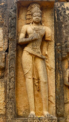 Carvings of Dwarapala on the Bhima Kichak Temple, Malhar, Bilaspur, Chhattisgarh, India. - obrazy, fototapety, plakaty