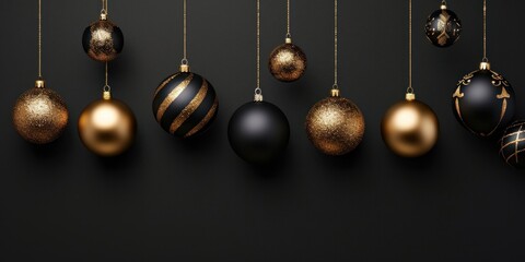 Christmas celebration decoration holiday banner template greeting card - Group of hanging gold black christmas baubles balls ornaments on black background wall, Generative AI 