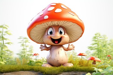 3D organic mushroom funny cartoon character with eyes in the forest background Generative AI Illustration - obrazy, fototapety, plakaty