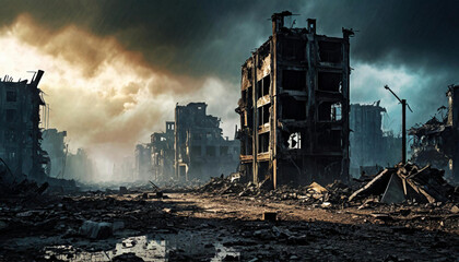 The world after
apocalypse, destroyed buildings, toxic atmosphere
