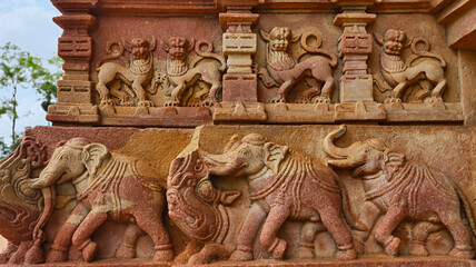 Carving Panels of Elephants and Yali on the Kakatiya Rudreshwara Temple, Palampet, Warangal, Telangana, India...