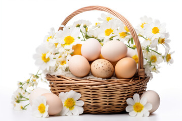 Easter eggs in a wicker basket, side view, spring flowers on a white background. Easter composition