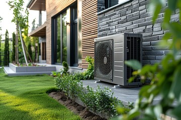 A modern air heat pump operates quietly beside a chic house adorned with a neutral color scheme and subtle ambient outdoor lighting