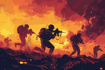 Intense Battlefield Scene, Soldiers in Combat, Military Strategy and Tactics, War and Conflict Concept, Troops Engaging in Firefight.