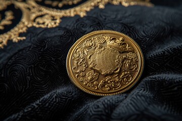 Gleaming gold coin, detailed emblem, on a dark velvet cushion.