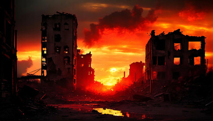 The world after
apocalypse, destroyed buildings, toxic atmosphere - obrazy, fototapety, plakaty