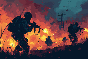 Intense Battlefield Scene, Soldiers in Combat, Military Strategy and Tactics, War and Conflict Concept, Troops Engaging in Firefight. - obrazy, fototapety, plakaty