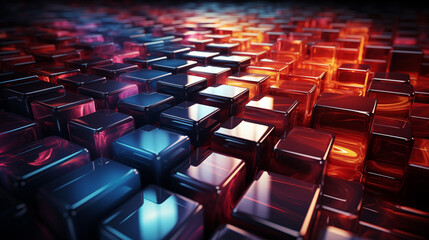 Obraz premium Abstract 3D cube pattern with red accents and empty chairs, representing workforce and population in a digital age,Glowing red and blue cubes background, 3d rendering. Computer digital drawing.