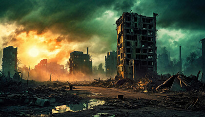 The world after
apocalypse, destroyed buildings, toxic atmosphere