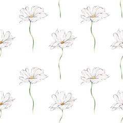 Watercolor seamless pattern with white flowers on a white background. hand-drawn print of delicate spring flowers. Minimalistic design for stationery, wrapping paper, wallpaper.