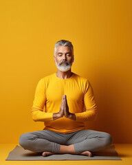 A relaxed European vacationer, a mature middle-aged man in a yellow shirt, praying, meditating, feeling like a Zen Buddhist with his eyes closed, in a lotus position on a yellow background.