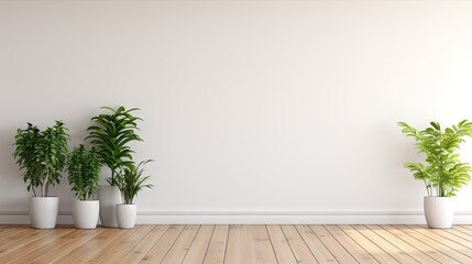 Empty white room with a wooden floor and plants.