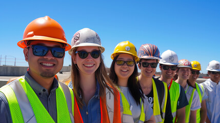 group of people wearing safety helmets and vests are smiling. They are  at a construction or industrial site, as the sky is clear and sunny. - obrazy, fototapety, plakaty