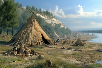 Prehistoric Human Settlement - obrazy, fototapety, plakaty