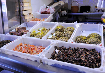 Fresh seafood, sale of barnacles (percebes) and clams in a market of Galicia, Spain