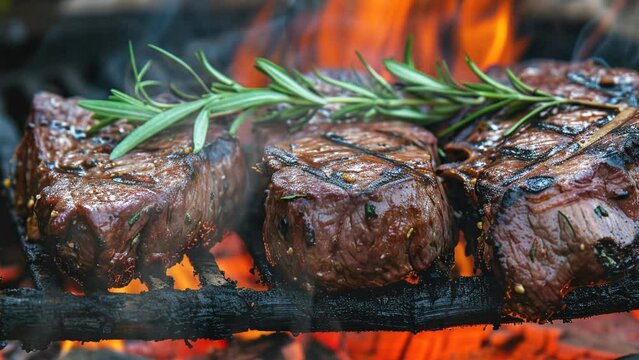 Grilled beef in slow motion with smoke
