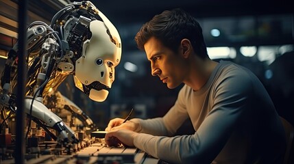 Close-up shot of a robotics engineer fine-tuning a humanoid robot's circuitry - obrazy, fototapety, plakaty